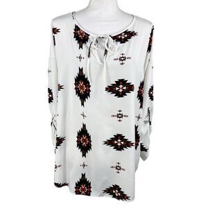 Daytrip Aztec Western Print Long Sleeve Lightweight Blouse XL White Black
